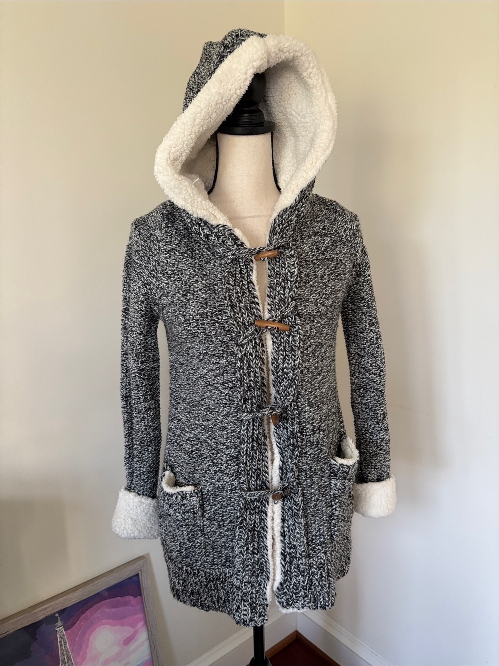 Zara Black & White Knit Hooded Toggle Cardigan
